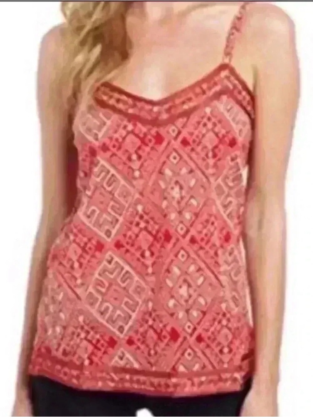 Lucky Brand John Robshaw Coral Red Printed Camisole with Geometric Motif Size L